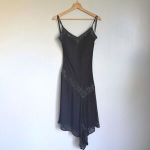Vintage Y2K Black Beaded Asymmetrical Handkerchief Hem Midi Cocktail Dress M